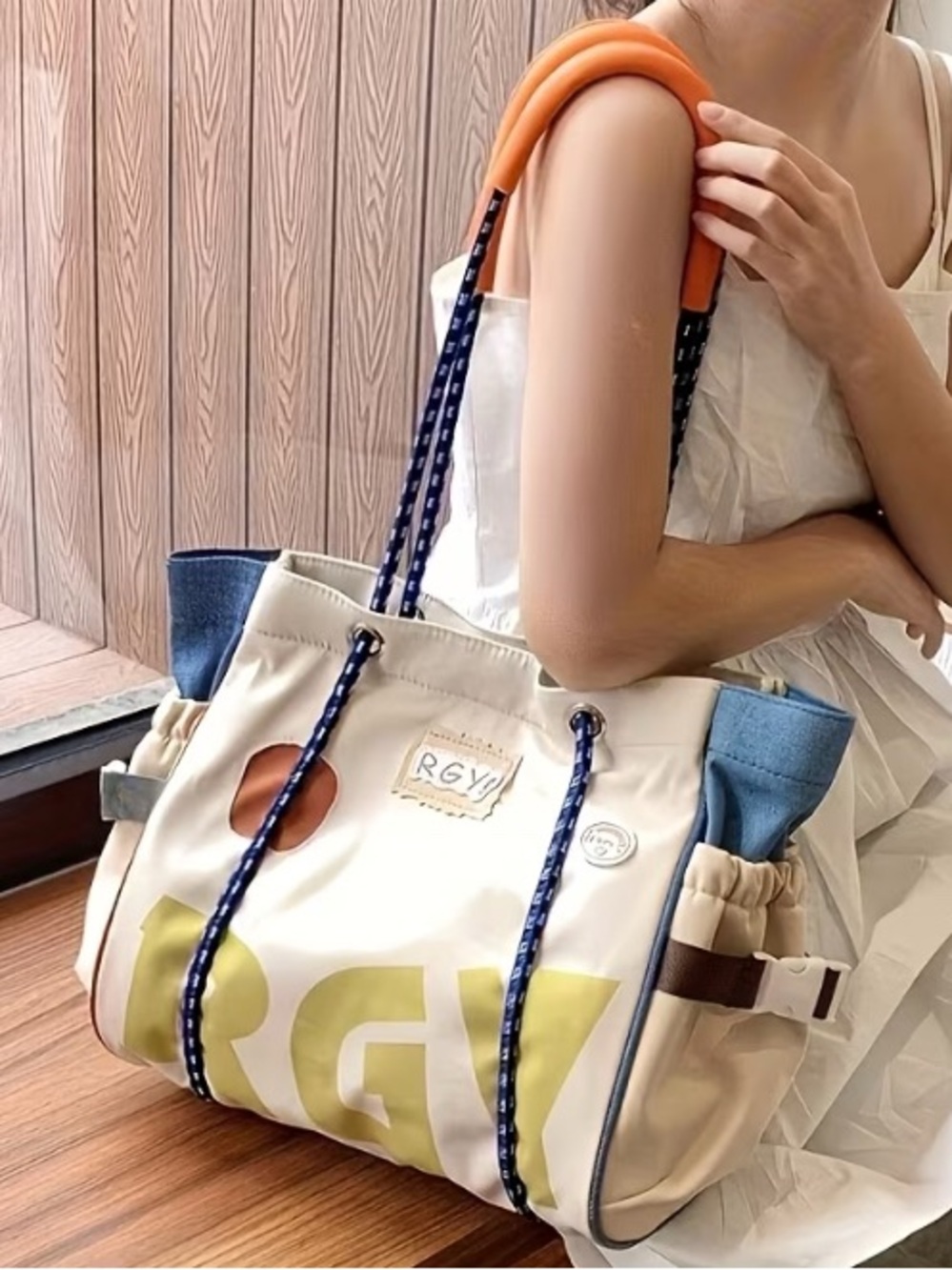Cream & Blue Canvas Tote Bag with Orange Handle